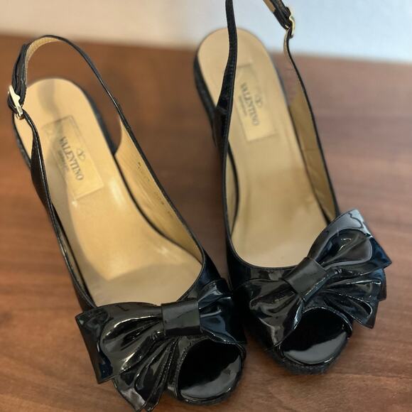 Valentino Shoes - Valentino Black Patent Leather Mena Espadrille Wedge Slingback Sandal Size 5.5